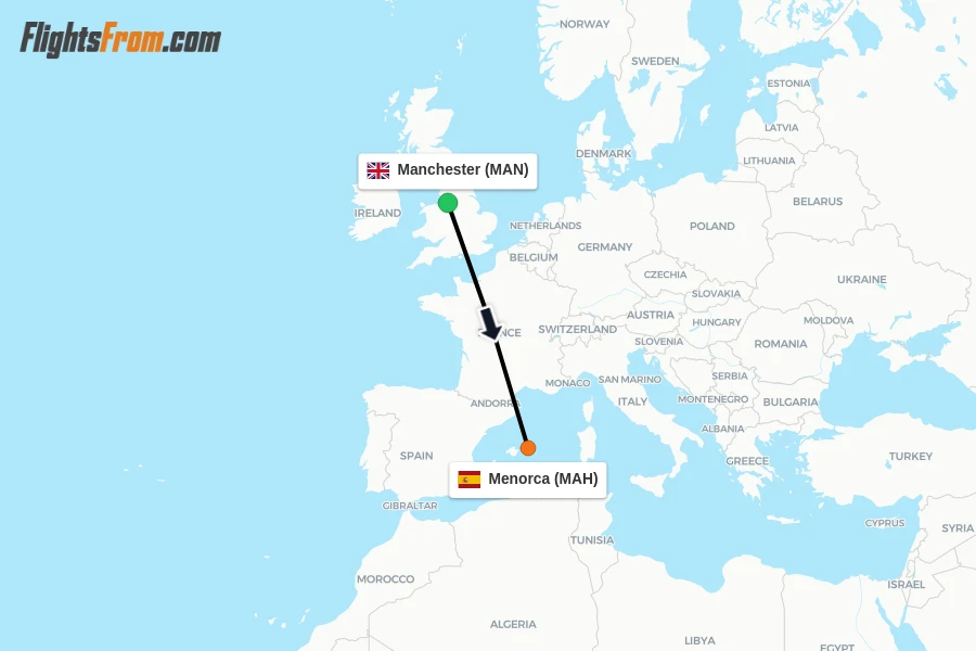 Flights from Manchester to Menorca route map