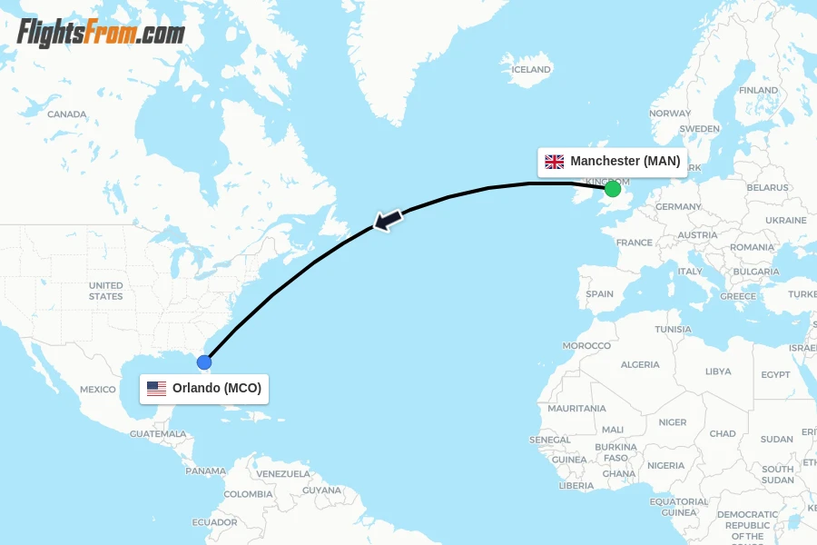 Flights from Manchester to Orlando route map