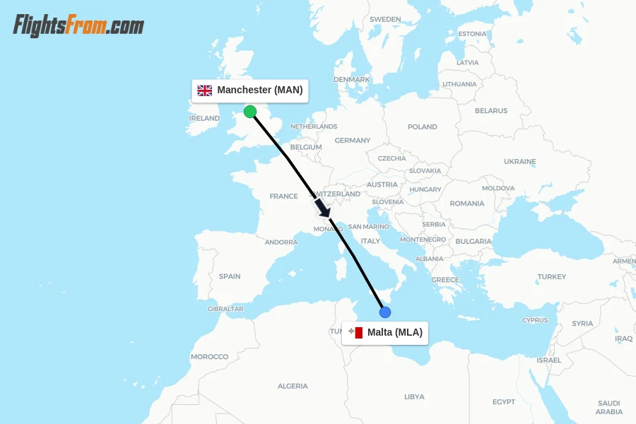 Flights from Manchester to Malta route map