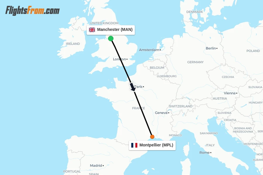 Flights from Manchester to Montpellier route map