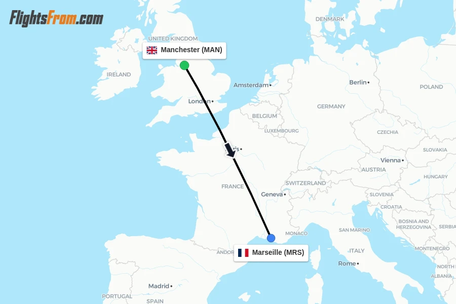Flights from Manchester to Marseille route map