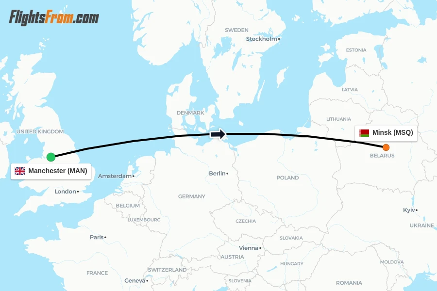 Flights from Manchester to Minsk route map