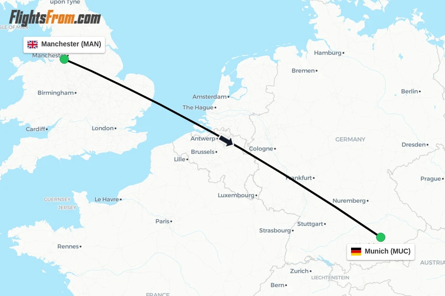 Flights from Manchester to Munich route map