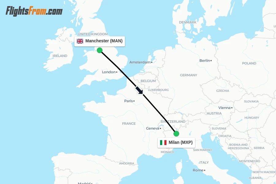 Flights from Manchester to Milan route map