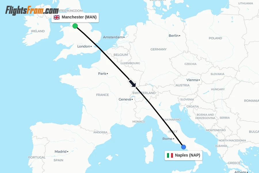 Flights from Manchester to Naples route map