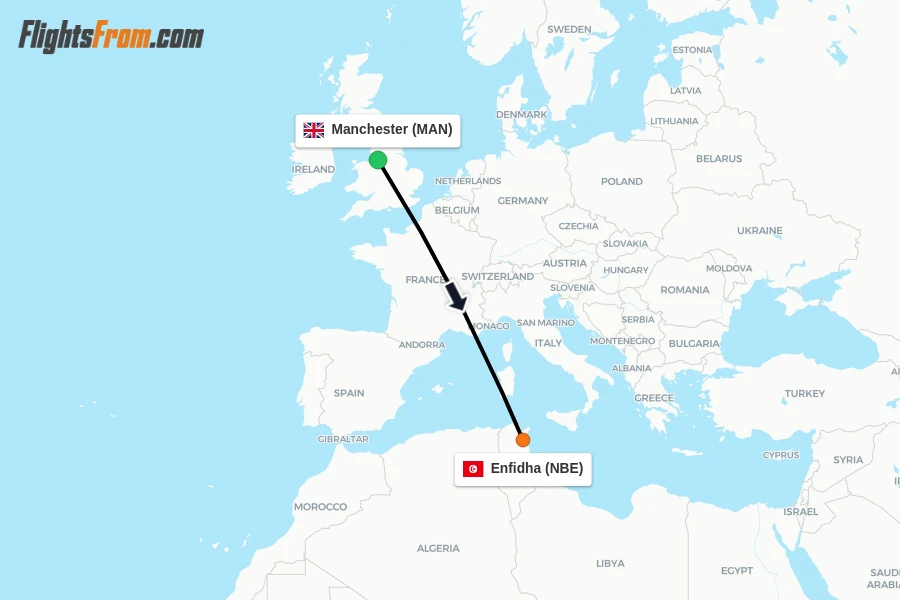 Flights from Manchester to Enfidha route map