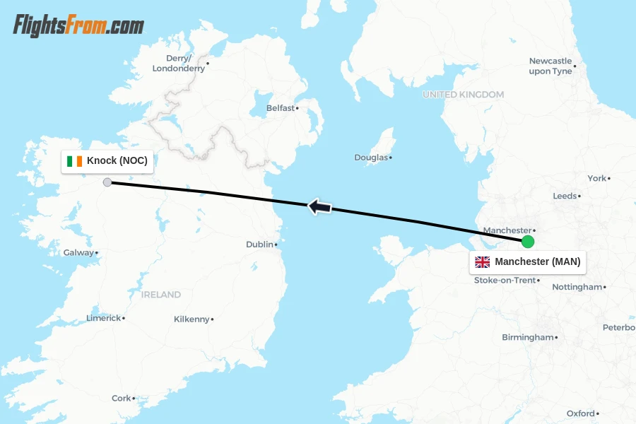 Flights from Manchester to Knock route map
