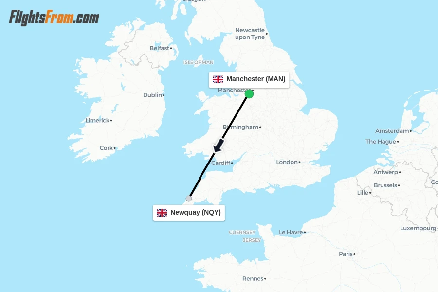 Flights from Manchester to Newquay route map