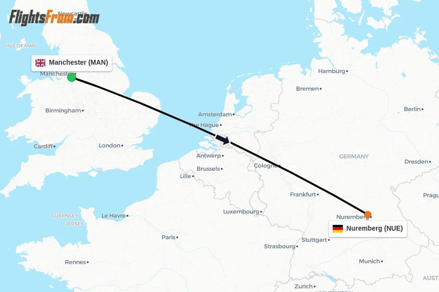 Flights from Manchester to Nuremberg route map