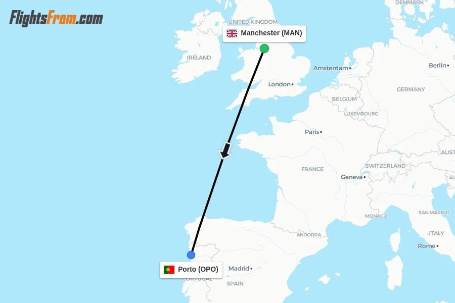 Flights from Manchester to Porto route map