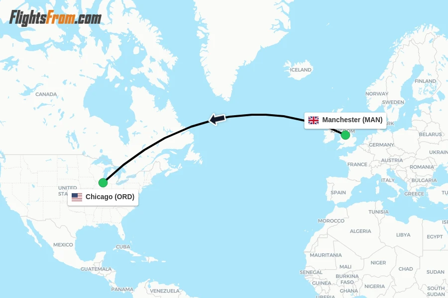 Flights from Manchester to Chicago route map