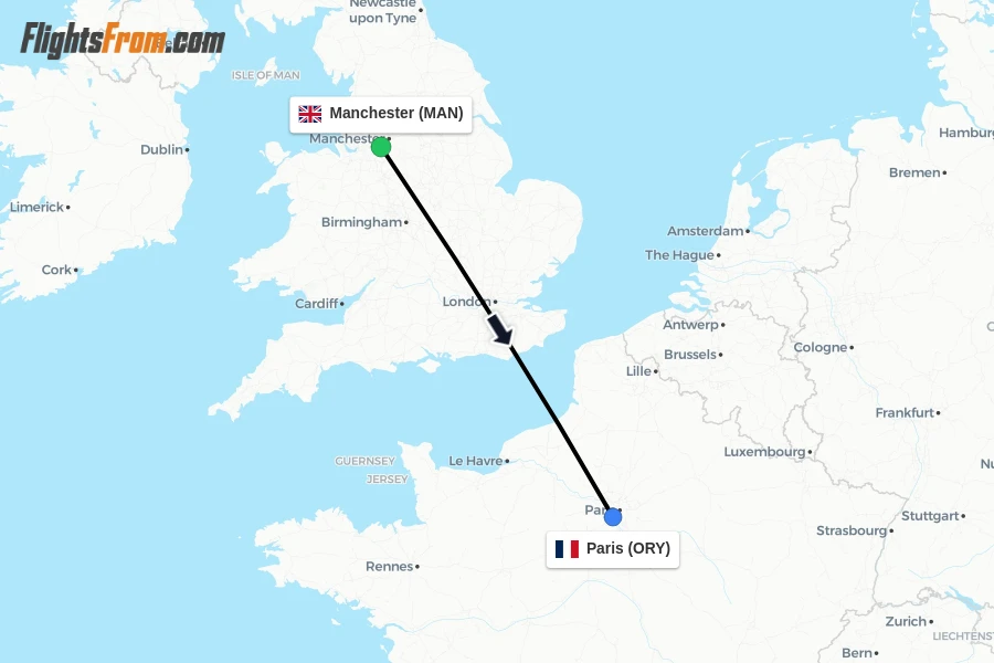 Flights from Manchester to Paris route map