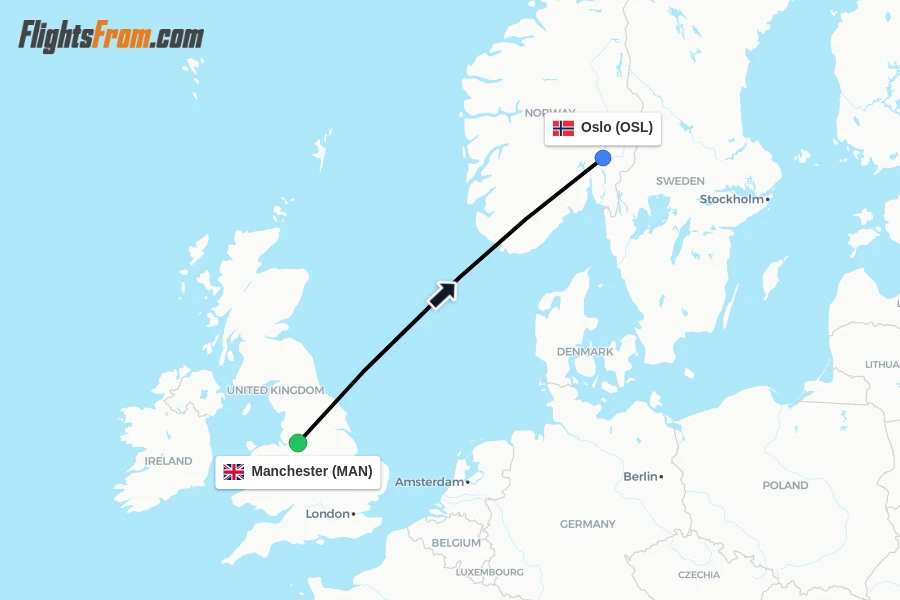 Flights from Manchester to Oslo route map
