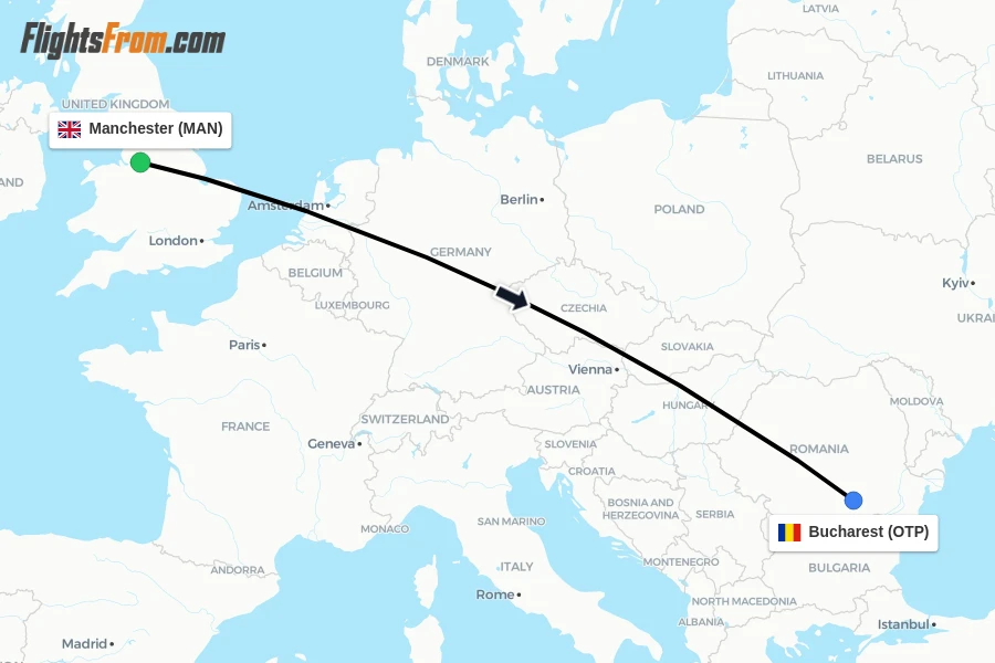 Flights from Manchester to Bucharest route map