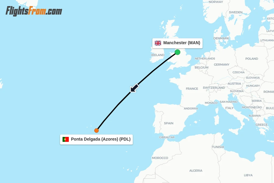 Flights from Manchester to Ponta Delgada (Azores) route map