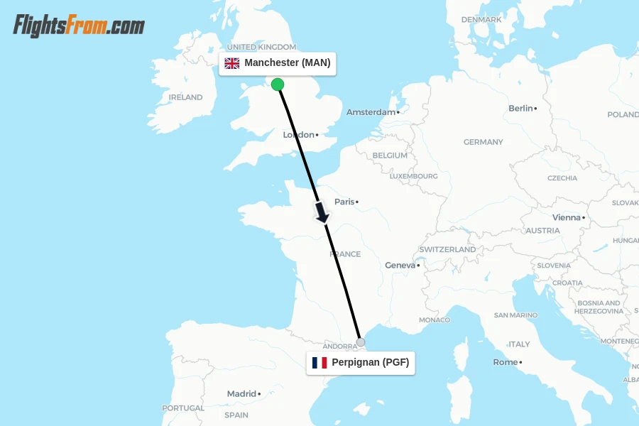 Flights from Manchester to Perpignan route map