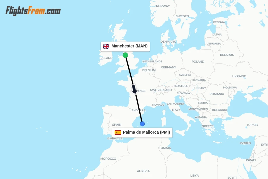 Flights from Manchester to Palma de Mallorca route map