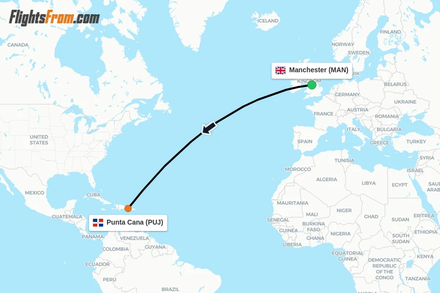 Flights from Manchester to Punta Cana route map
