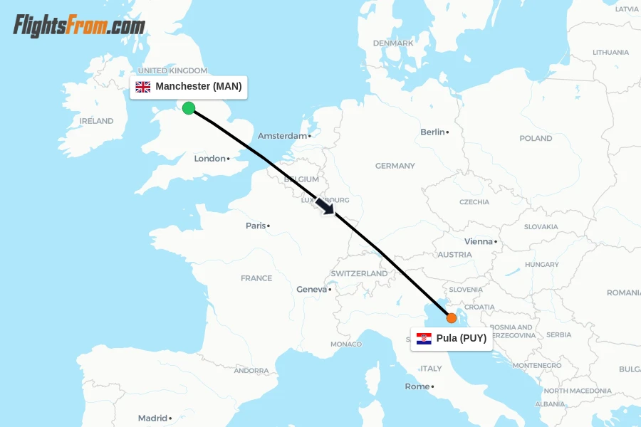 Flights from Manchester to Pula route map