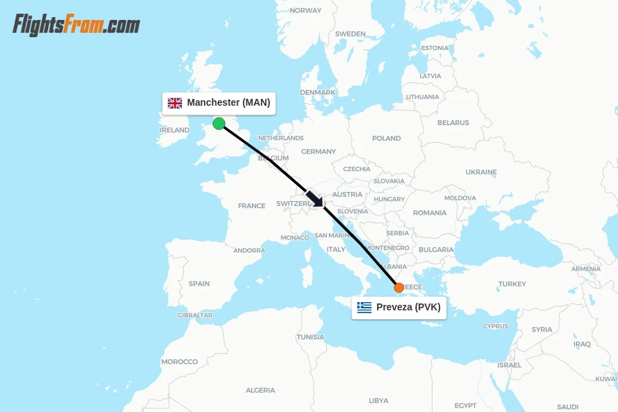 Flights from Manchester to Preveza route map