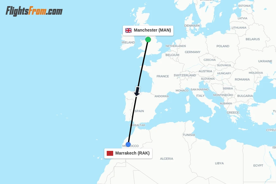 Flights from Manchester to Marrakech route map