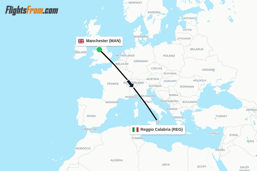 Flights from Manchester to Reggio Calabria route map