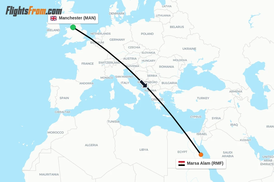 Flights from Manchester to Marsa Alam route map
