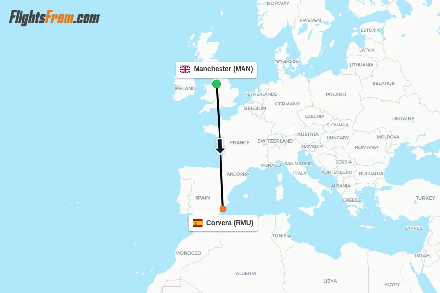 Flights from Manchester to Corvera route map