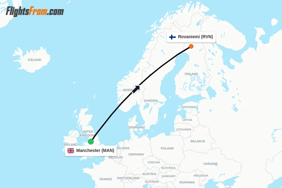 Flights from Manchester to Rovaniemi route map