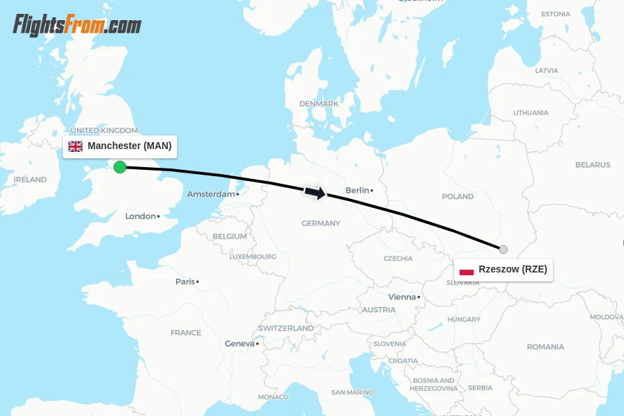 Flights from Manchester to Rzeszow route map