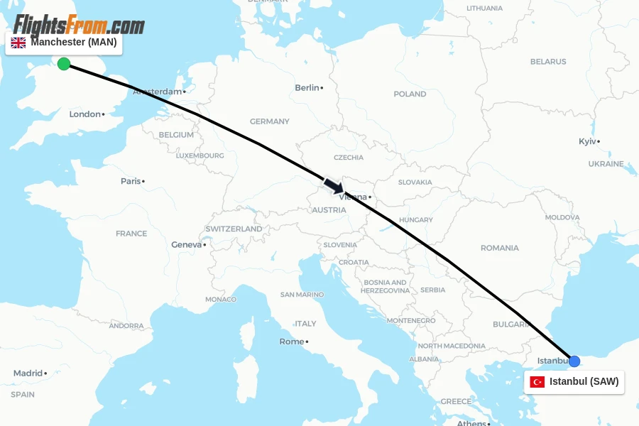 Flights from Manchester to Istanbul route map