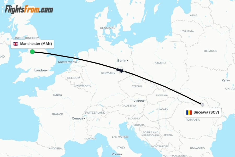 Flights from Manchester to Suceava route map
