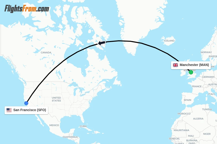 Flights from Manchester to San Francisco route map