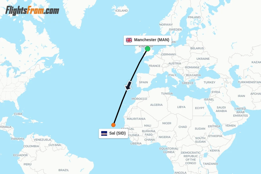 Flights from Manchester to Sal route map