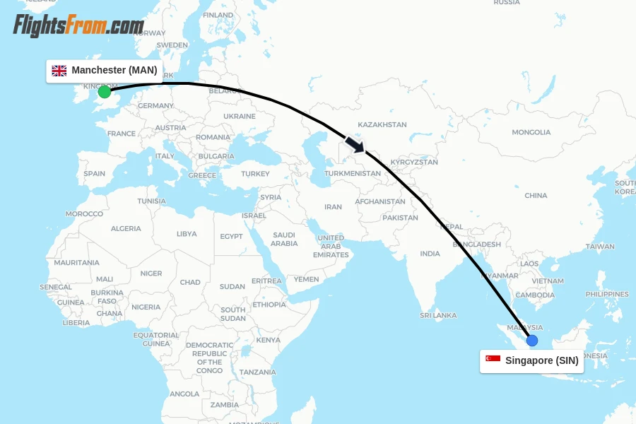 Flights from Manchester to Singapore route map