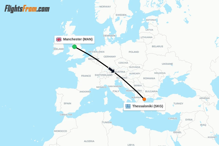 Flights from Manchester to Thessaloniki route map