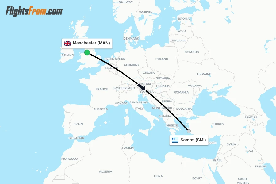Flights from Manchester to Samos route map