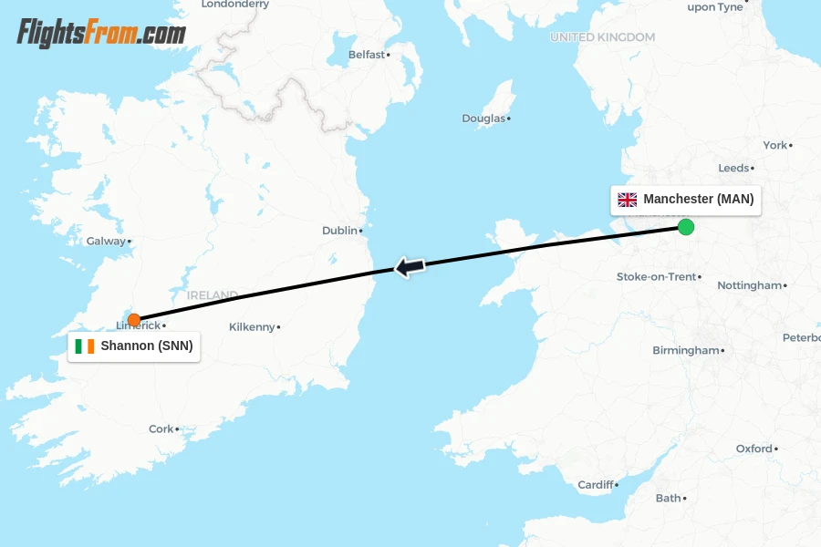 Flights from Manchester to Shannon route map