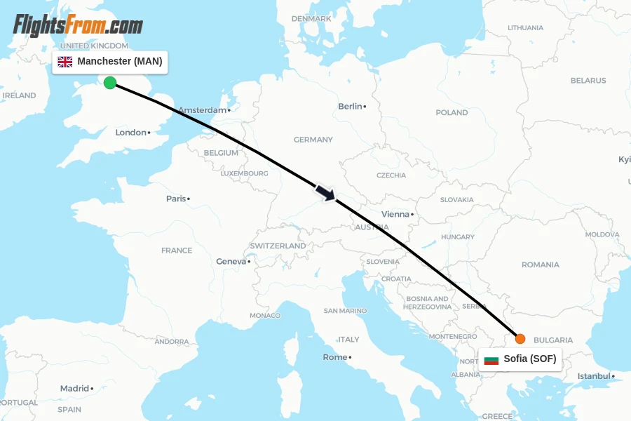 Flights from Manchester to Sofia route map