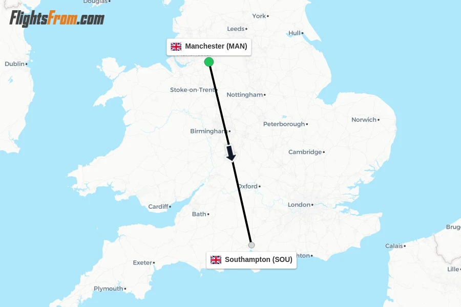 Flights from Manchester to Southampton route map