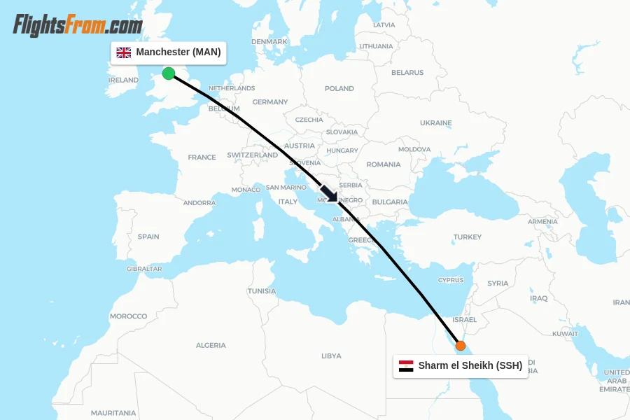 Flights from Manchester to Sharm el Sheikh route map
