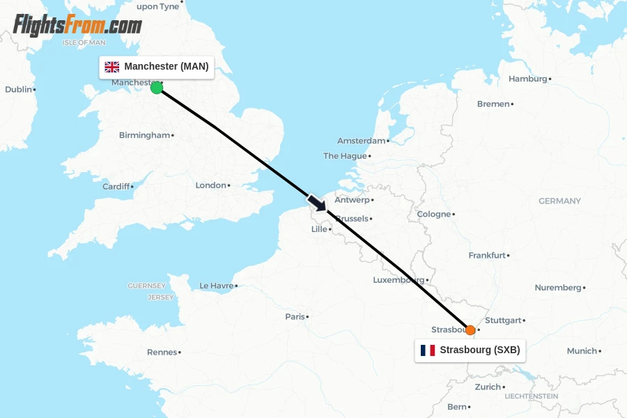 Flights from Manchester to Strasbourg route map