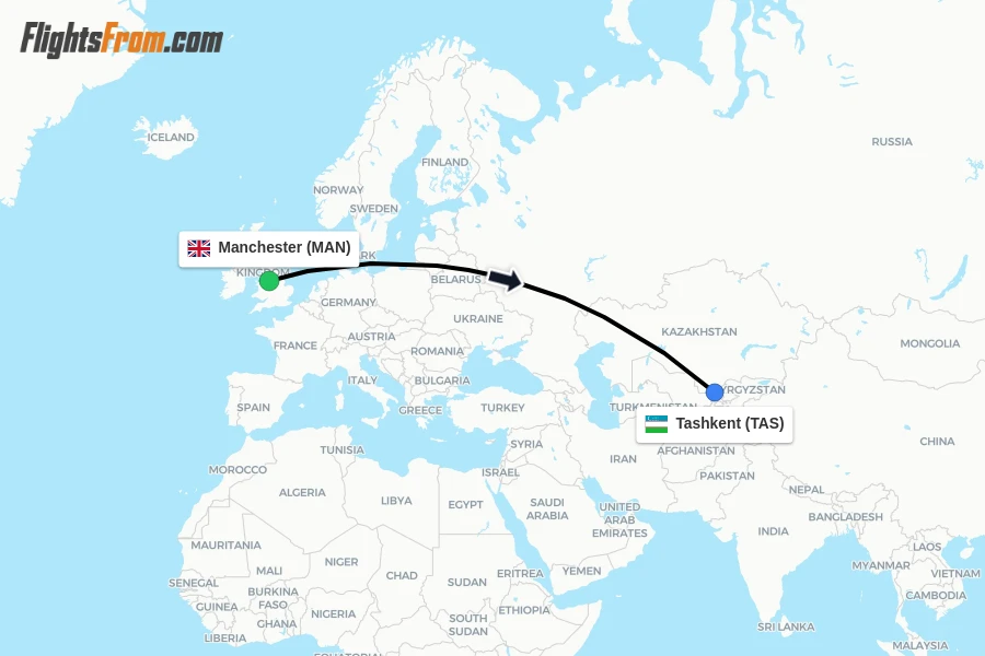 Flights from Manchester to Tashkent route map