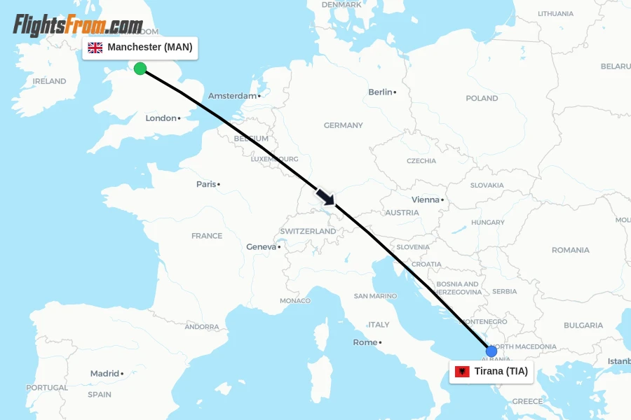 Flights from Manchester to Tirana route map