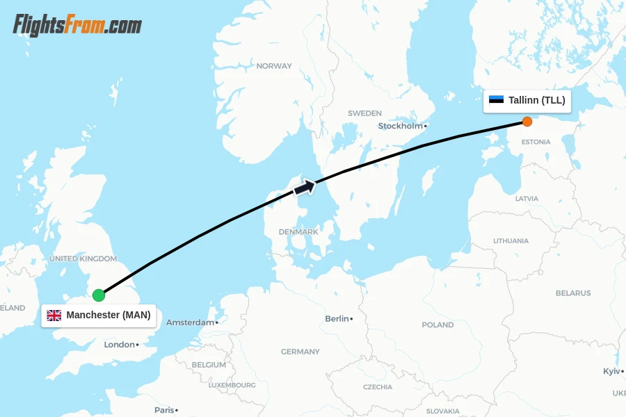 Flights from Manchester to Tallinn route map