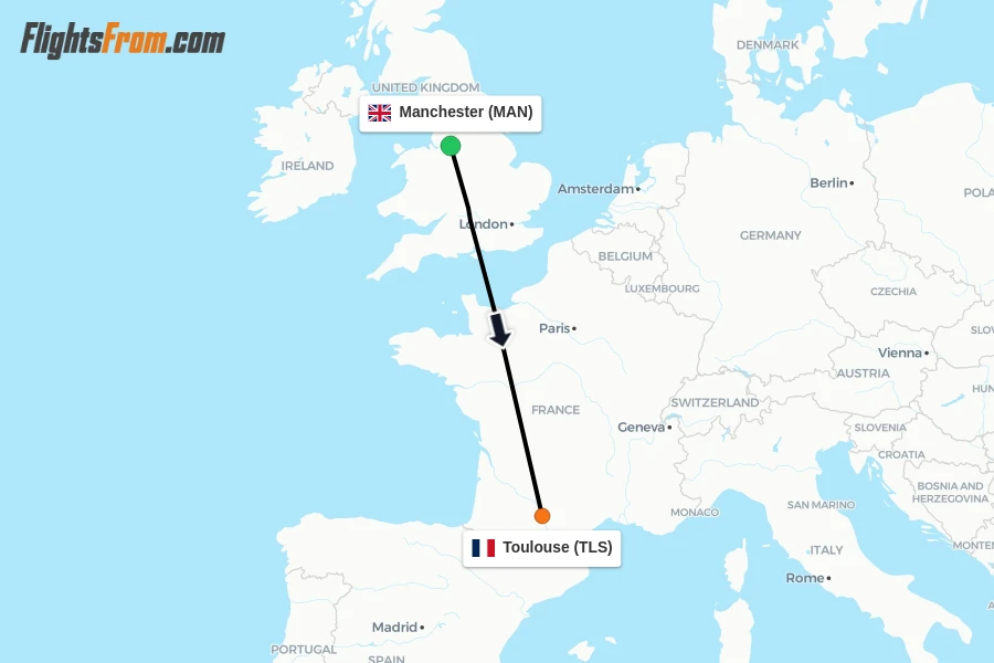 Flights from Manchester to Toulouse route map