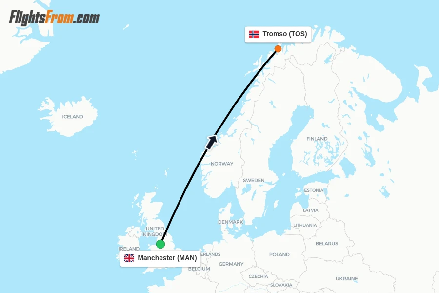 Flights from Manchester to Tromso route map