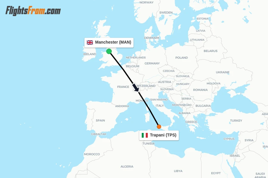 Flights from Manchester to Trapani route map