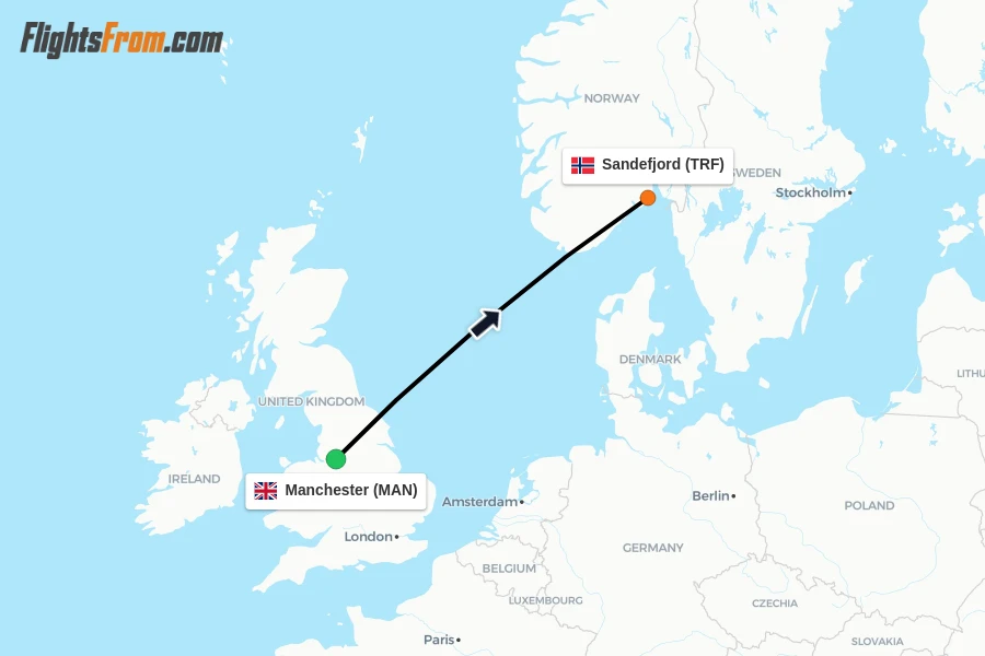 Flights from Manchester to Sandefjord route map