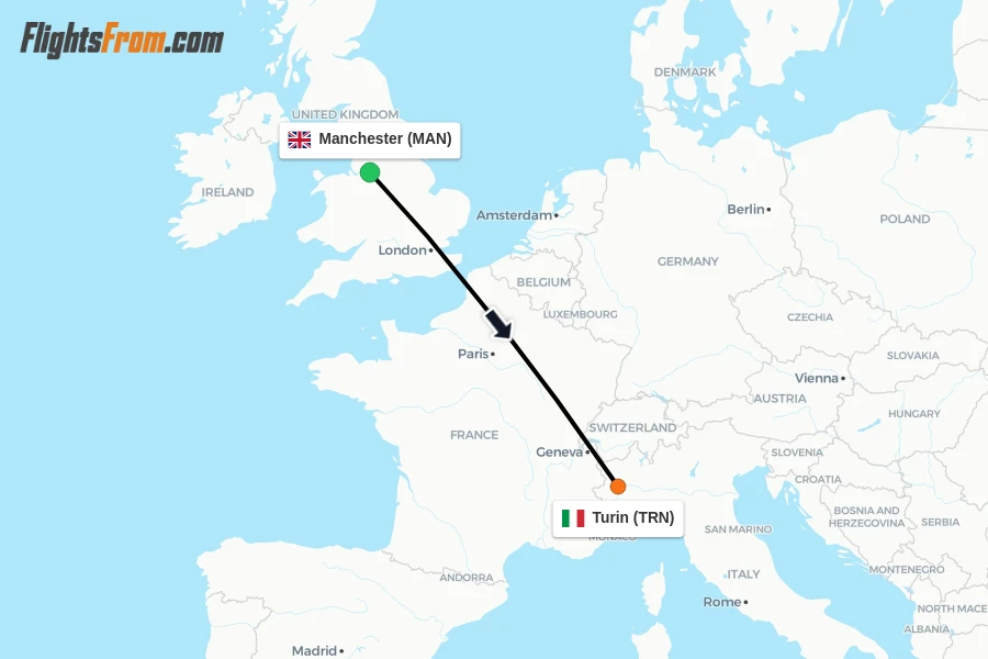 Flights from Manchester to Turin route map